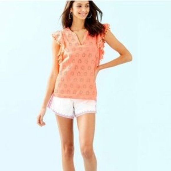 Lilly Pulitzer Astara Top Peach Palm Tree Eyelet Pom Pom Sleeve V Neck Blouse S - Picture 2 of 12